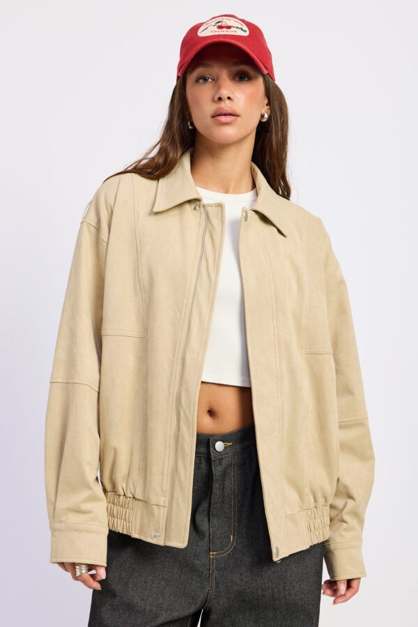 Light Beige jacket featuring an oversized bomber silhouette, suede-look finish, long sleeves, and a fully lined interior
