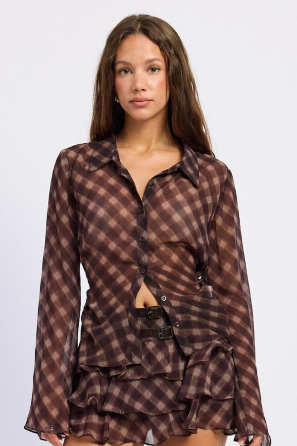 Deep plum sheer plaid button-up top with point collar and flared long sleeves