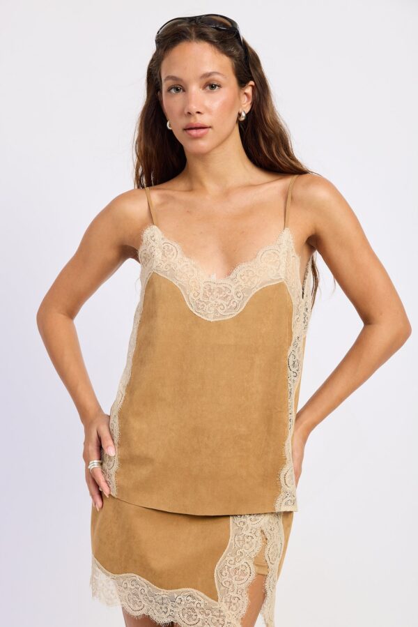 Camel cami top with slender spaghetti straps, suede-look fabric, and lace detail styled for a women’s boutique fashion look