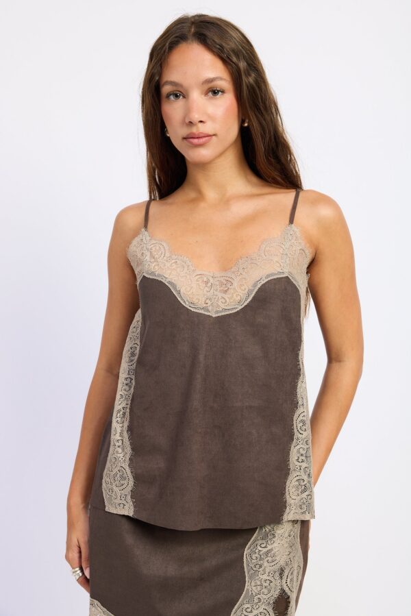 Expresso cami top with slender spaghetti straps, suede-look fabric, and lace detail styled for a women’s boutique fashion look