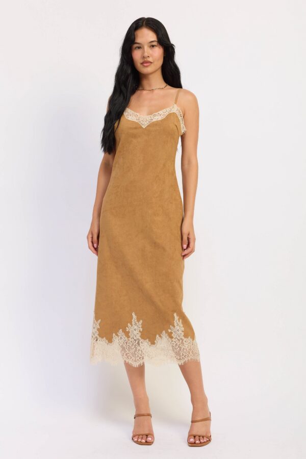 Camel midi dress with a suede-look finish with lace contrast and a midi silhouette styled for a women’s boutique fashion look