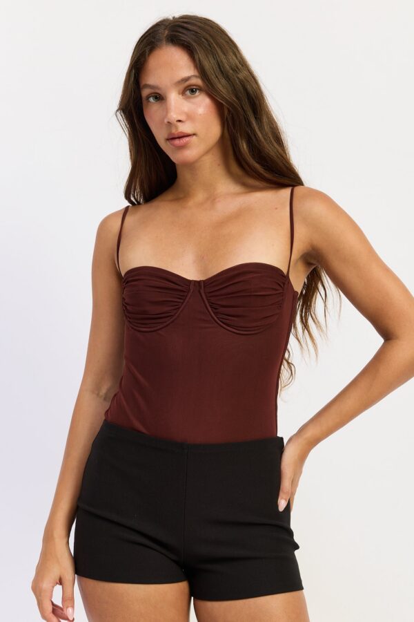 Cayenne bodysuit featuring a mesh balconette neckline, supportive lined construction, sheer contrast, and a sleek bodysuit base
