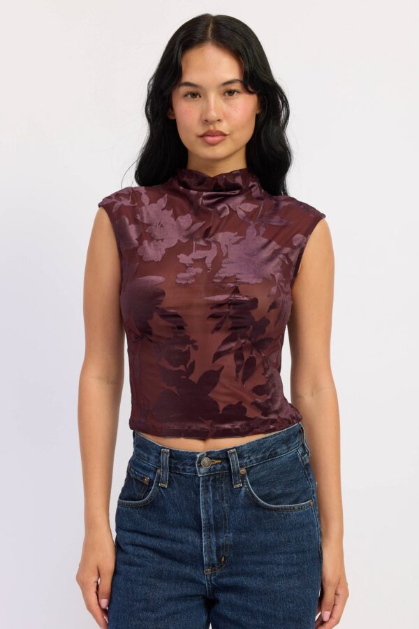 Wine floral velvet burnout sleeveless top with sheer mesh and mock neckline