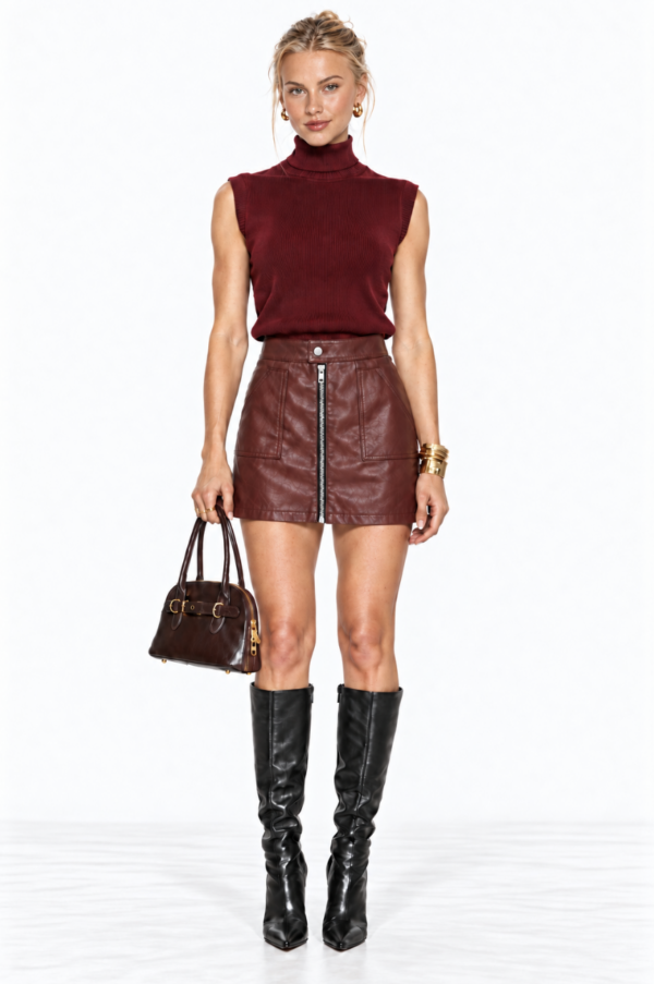 Red high-waisted faux leather mini skirt with exposed front zipper and A-line shape