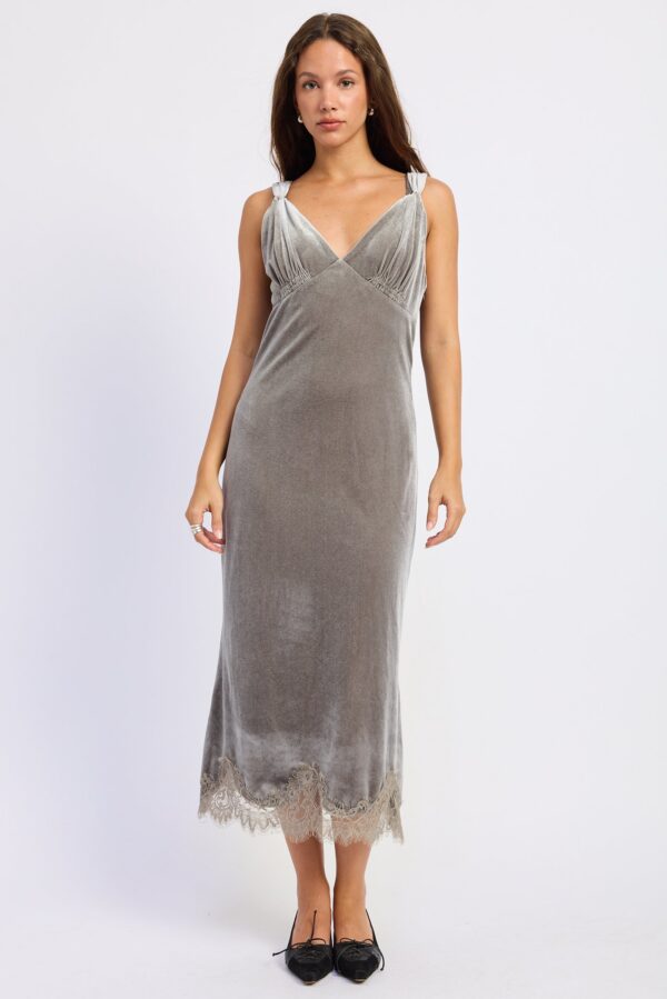 Model wearing grey v neck lace trim open back midi dress