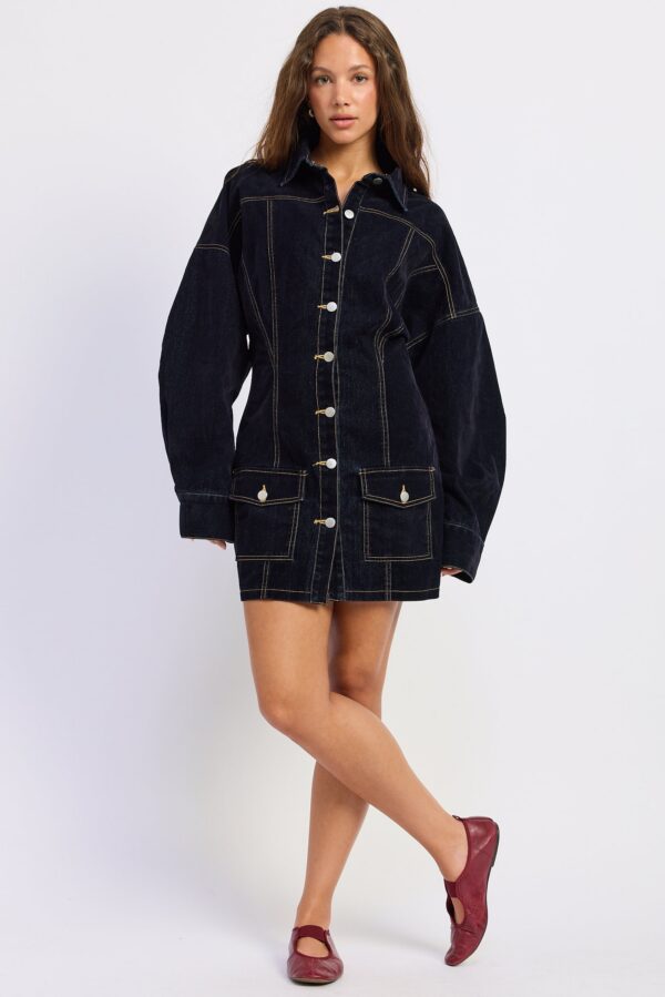 Model wearing dark blue button front denim mini dress