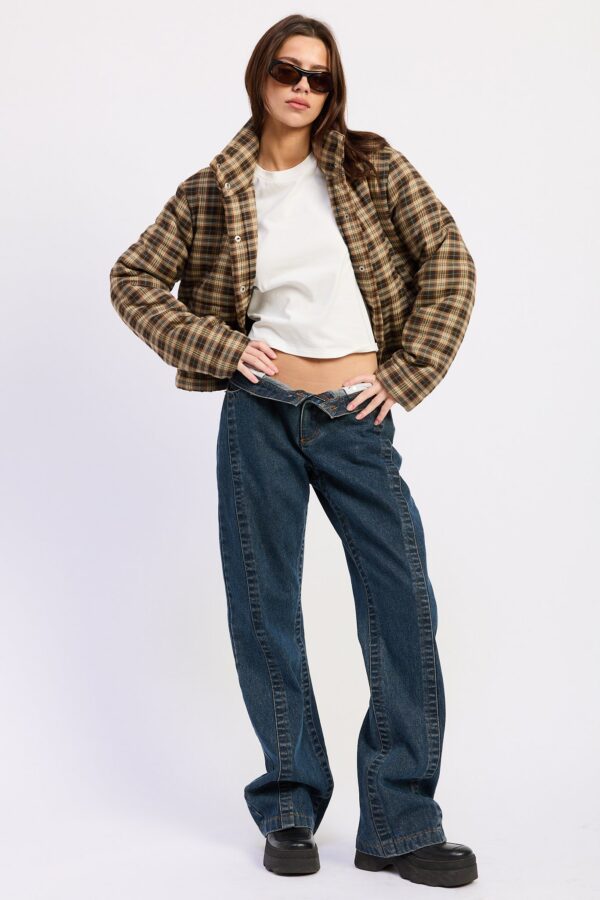 Styled view of brown plaid collared puffer jacket