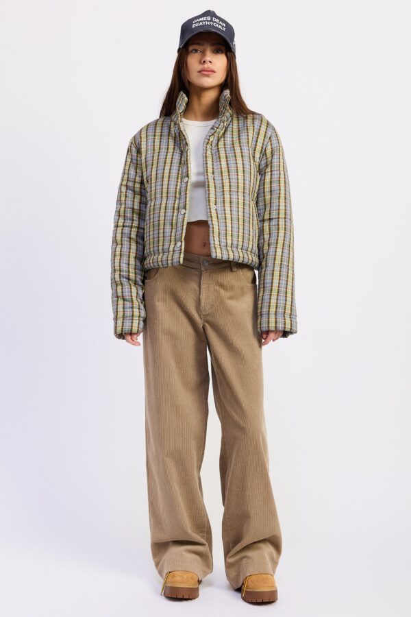 Styled view of gray plaid collared puffer jacket