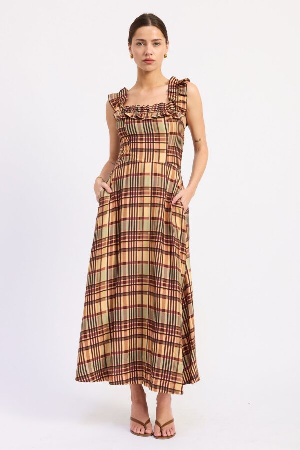Model wearing almond plaid square neck ruffle midi dress
