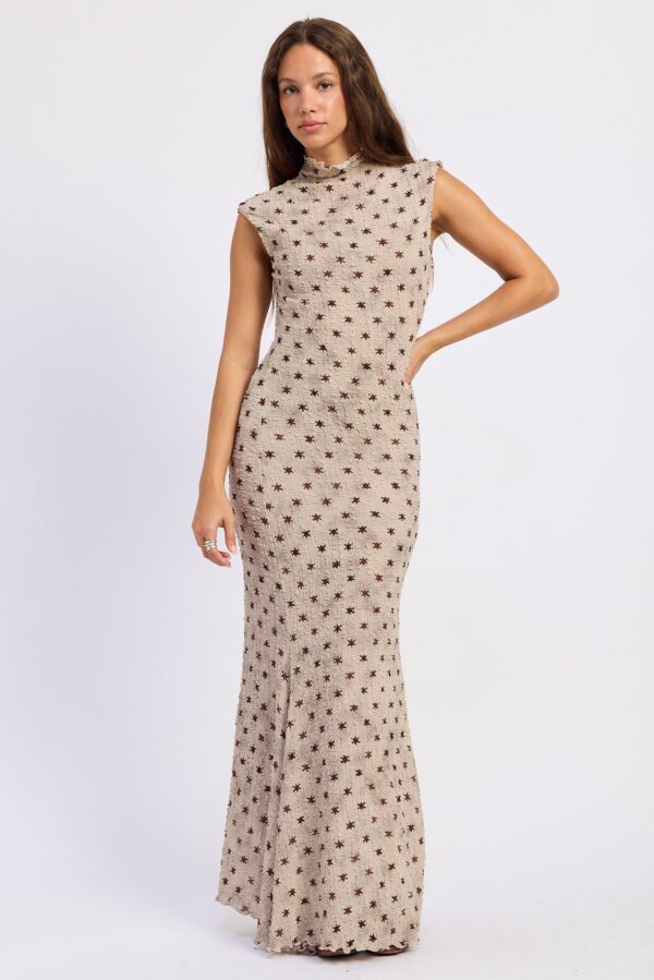 Model wearing silver brown printed mock neck maxi dress