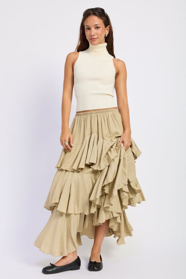 Model wearing beige tiered ruffle chiffon maxi skirt