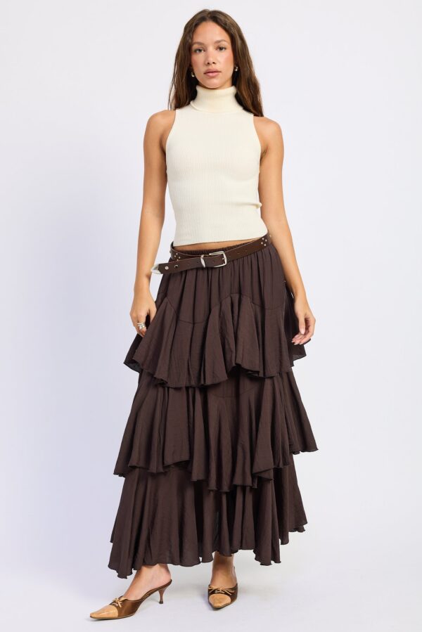 Model wearing brown tiered ruffle chiffon maxi skirt