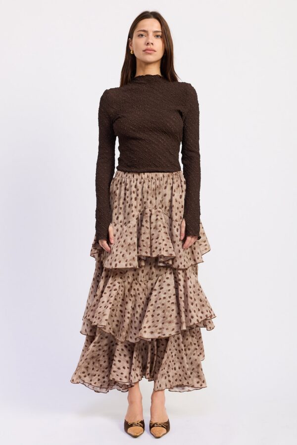 Model wearing brown animal print tiered chiffon maxi skirt