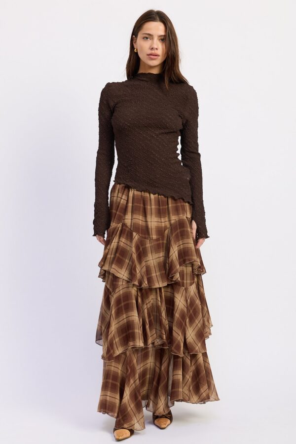 Model wearing brown plaid tiered chiffon maxi skirt