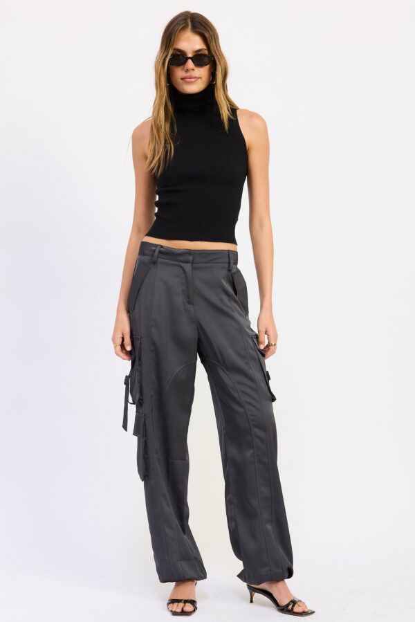 Styled view of charcoal satin cargo pants