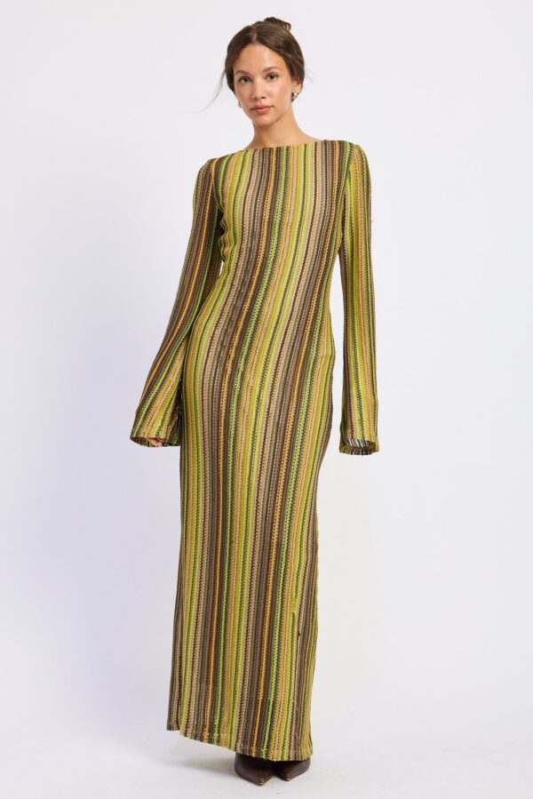 Model wearing green brown striped open back maxi dress