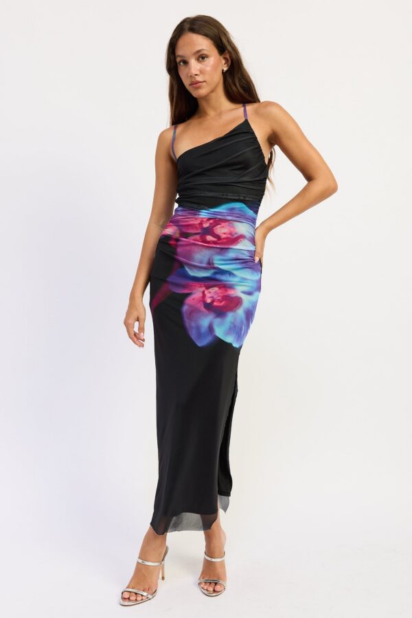 Styled main view of black floral midi dress – Afterglow Bloom