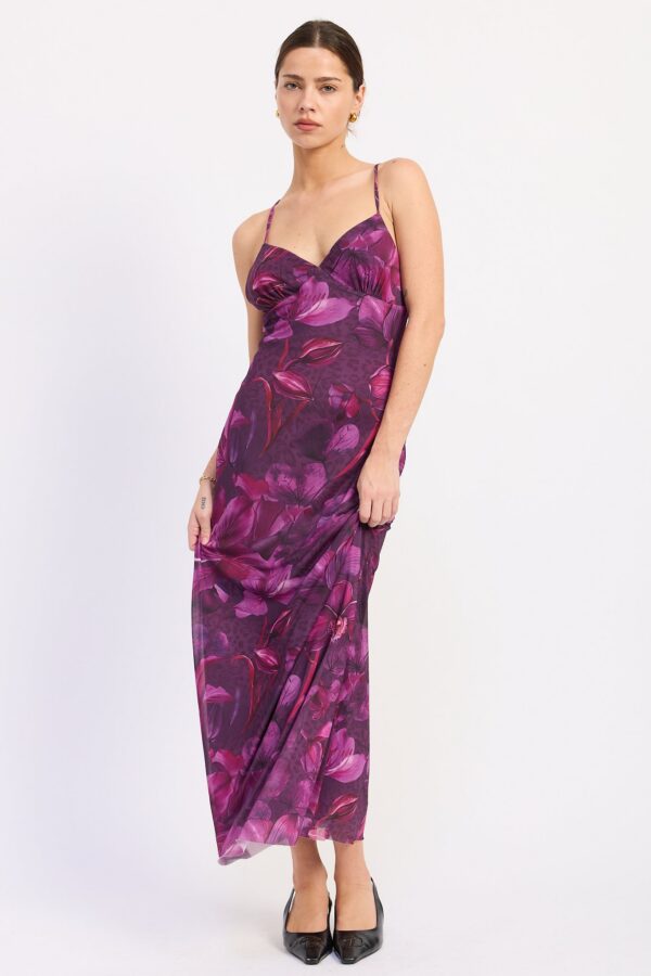 Model wearing purple floral strappy mesh maxi dress