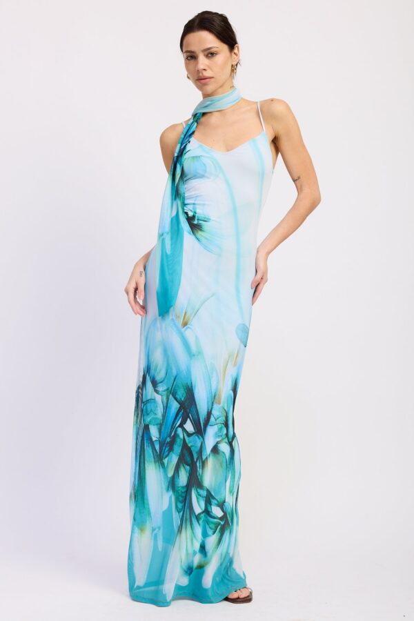 Styled main view of blue floral maxi dress – Azure Reverie