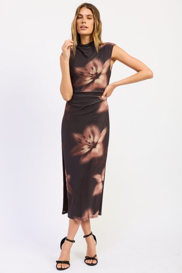 Styled view of dark brown orchid print sleeveless mesh midi dress