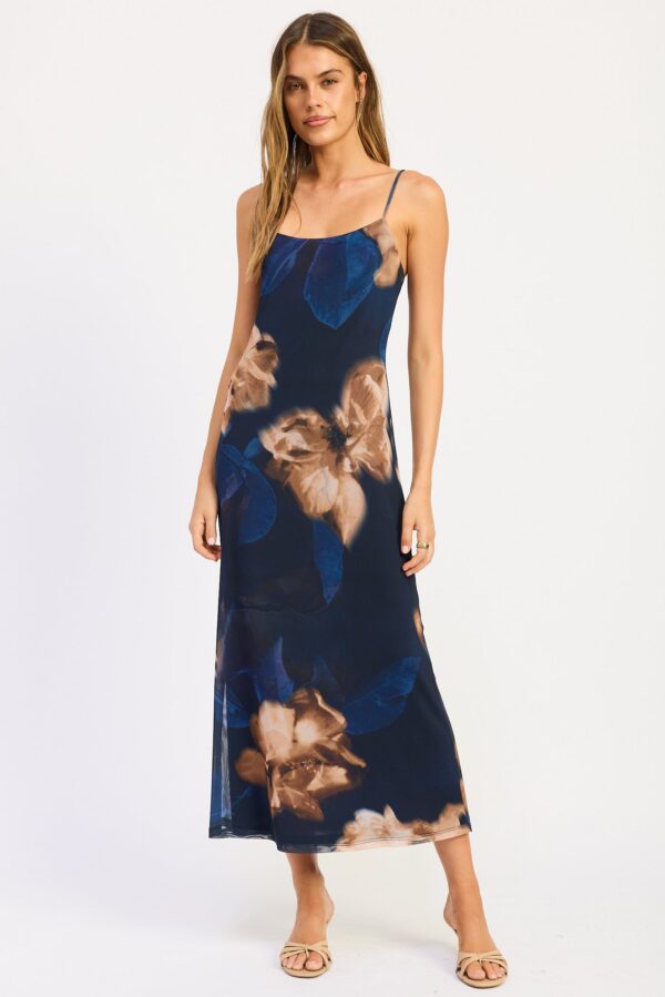 Model wearing blue floral strappy mesh maxi dress