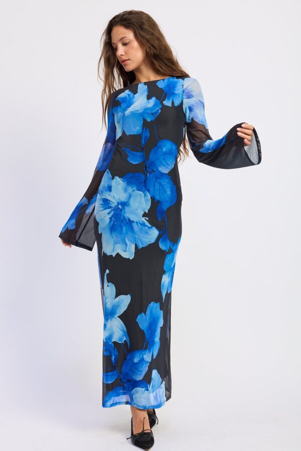 Styled main view of black blue floral maxi dress – Midnight Petals